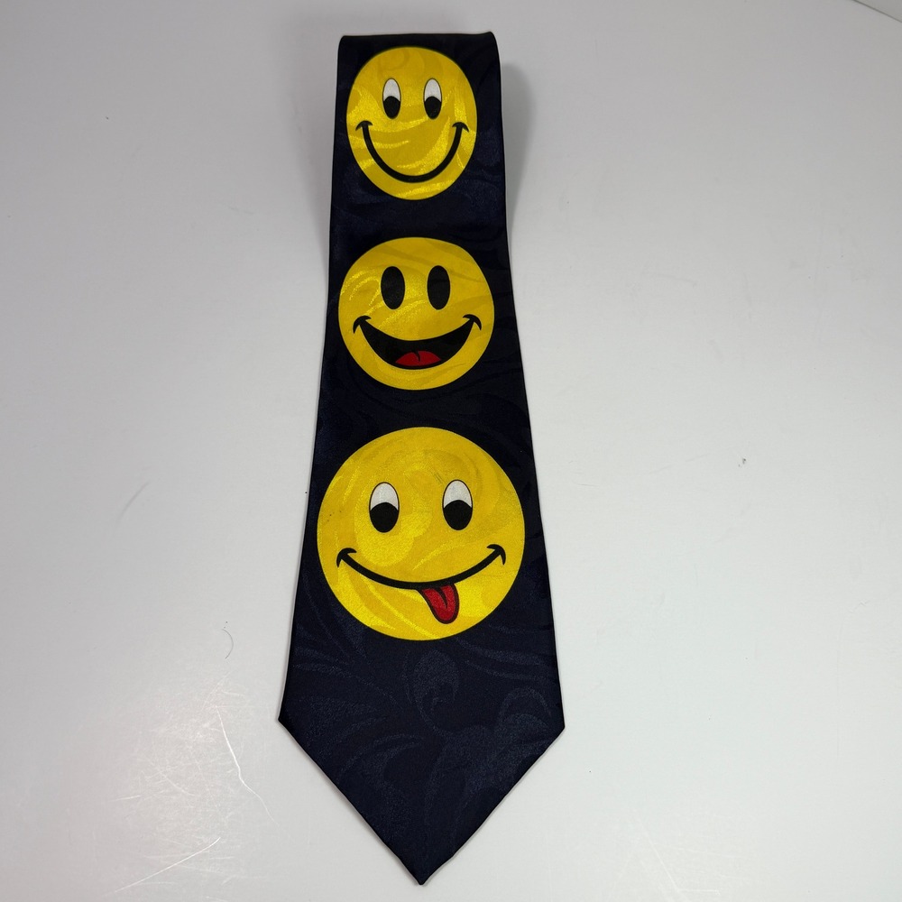Fratello Mens Navy Blue Smiley Face Emoji Paisley Jacquard Silk Blend Tie 4 Inch